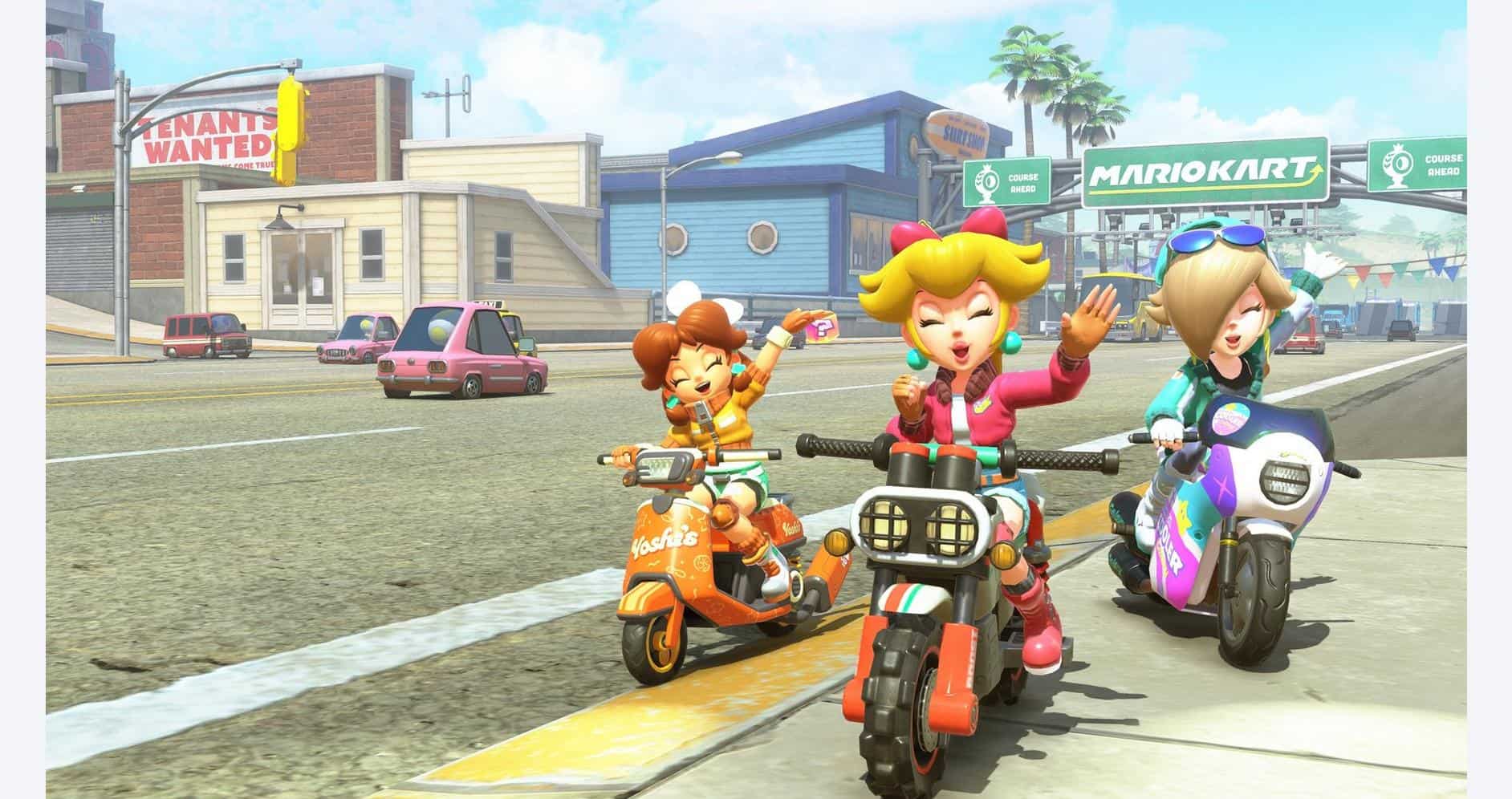 Characters riding scooters in Mario Kart World, vibrant city scene.