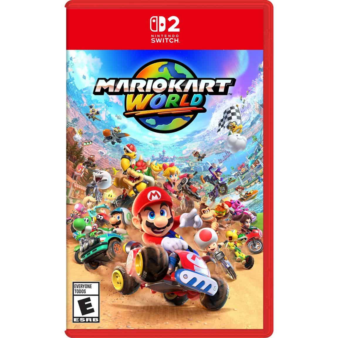 Mario Kart World game cover with characters racing on colorful tracks.