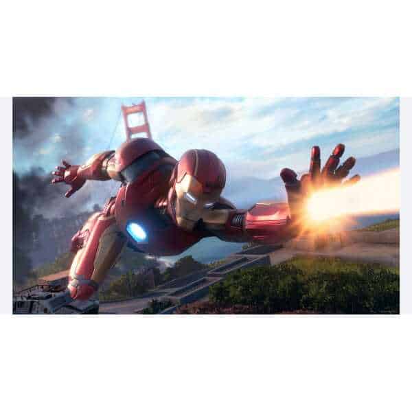 High-tech Iron Man superhero flying over a scenic landscape with a bridge and mountains in the backg.