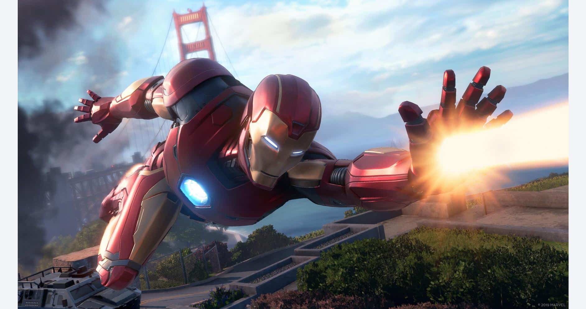 High-tech Iron Man superhero flying over a scenic landscape with a bridge and mountains in the backg.