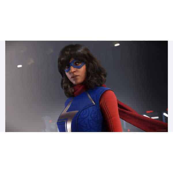 High-tech superhero costume with blue mask and red cape for cosplay or gaming events.