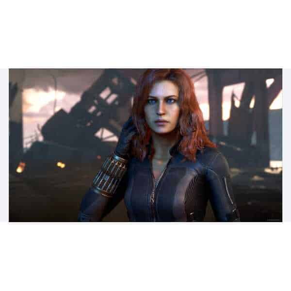 A woman in a futuristic black suit with a damaged industrial background, emphasizing gaming and sci-.