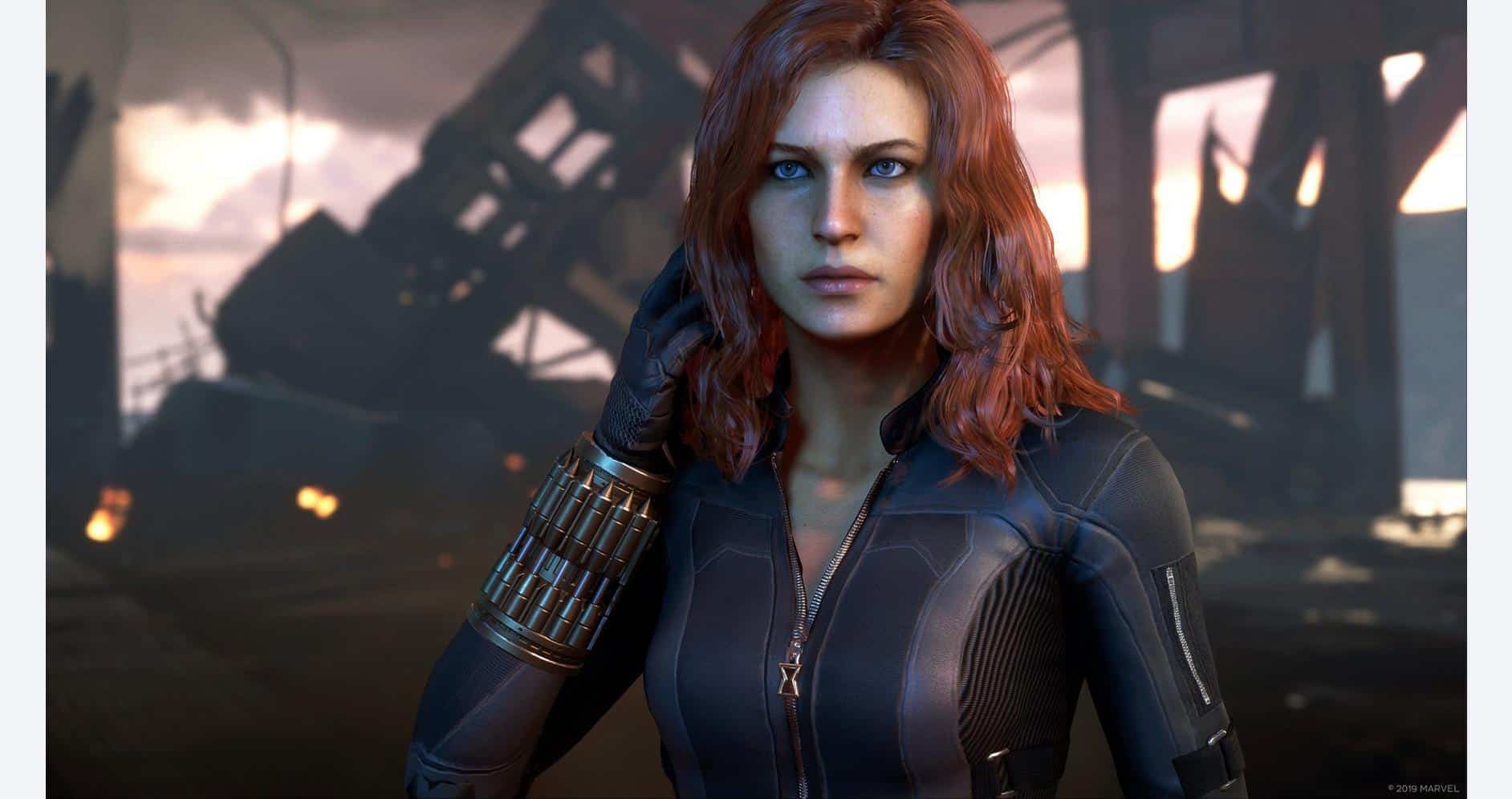 A woman in a futuristic black suit with a damaged industrial background, emphasizing gaming and sci-.
