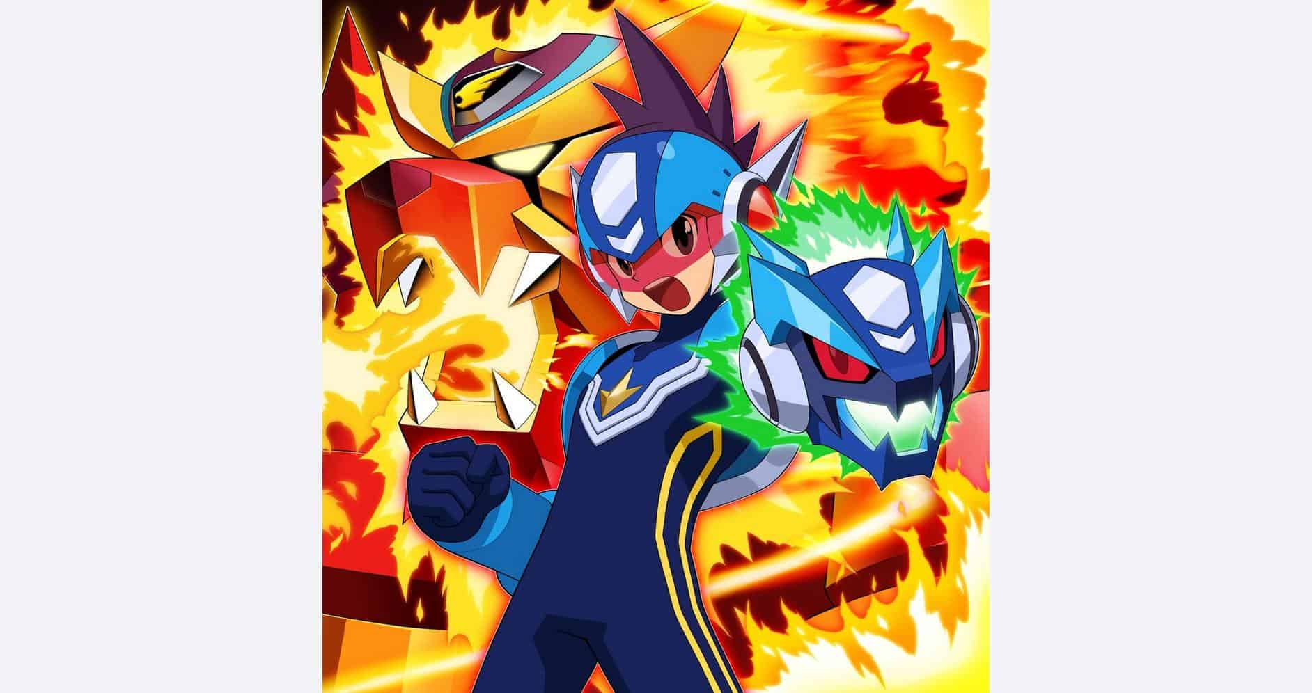 Mega Man Star Force characters with fierce battle background.