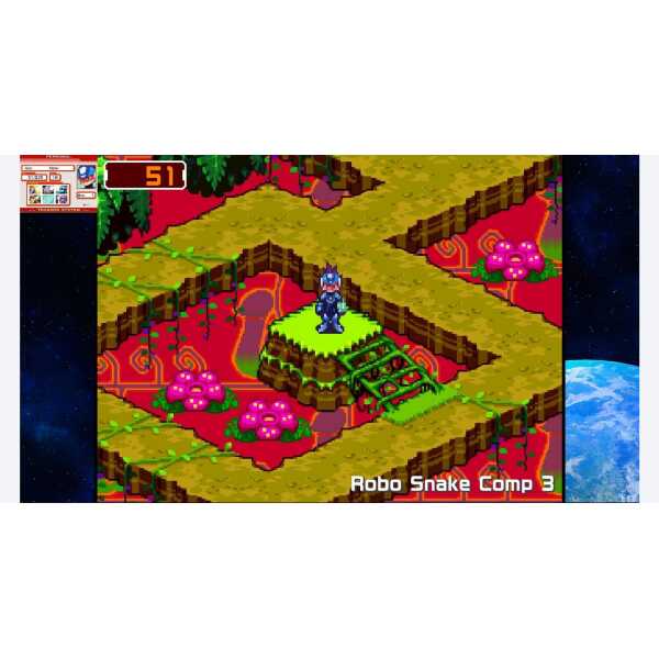 Classic Mega Man character on colorful game level.