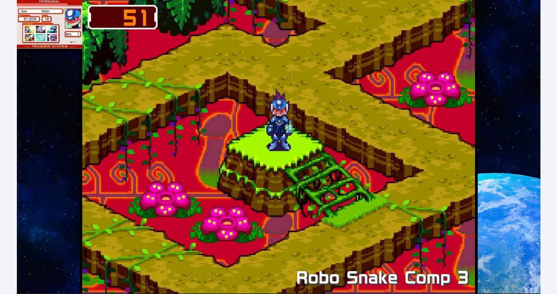 Classic Mega Man character on colorful game level.