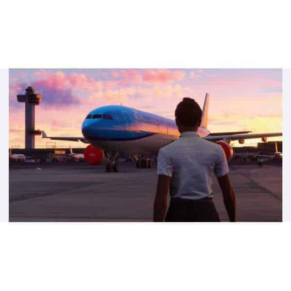 Modern airplane on runway during sunset at airport.