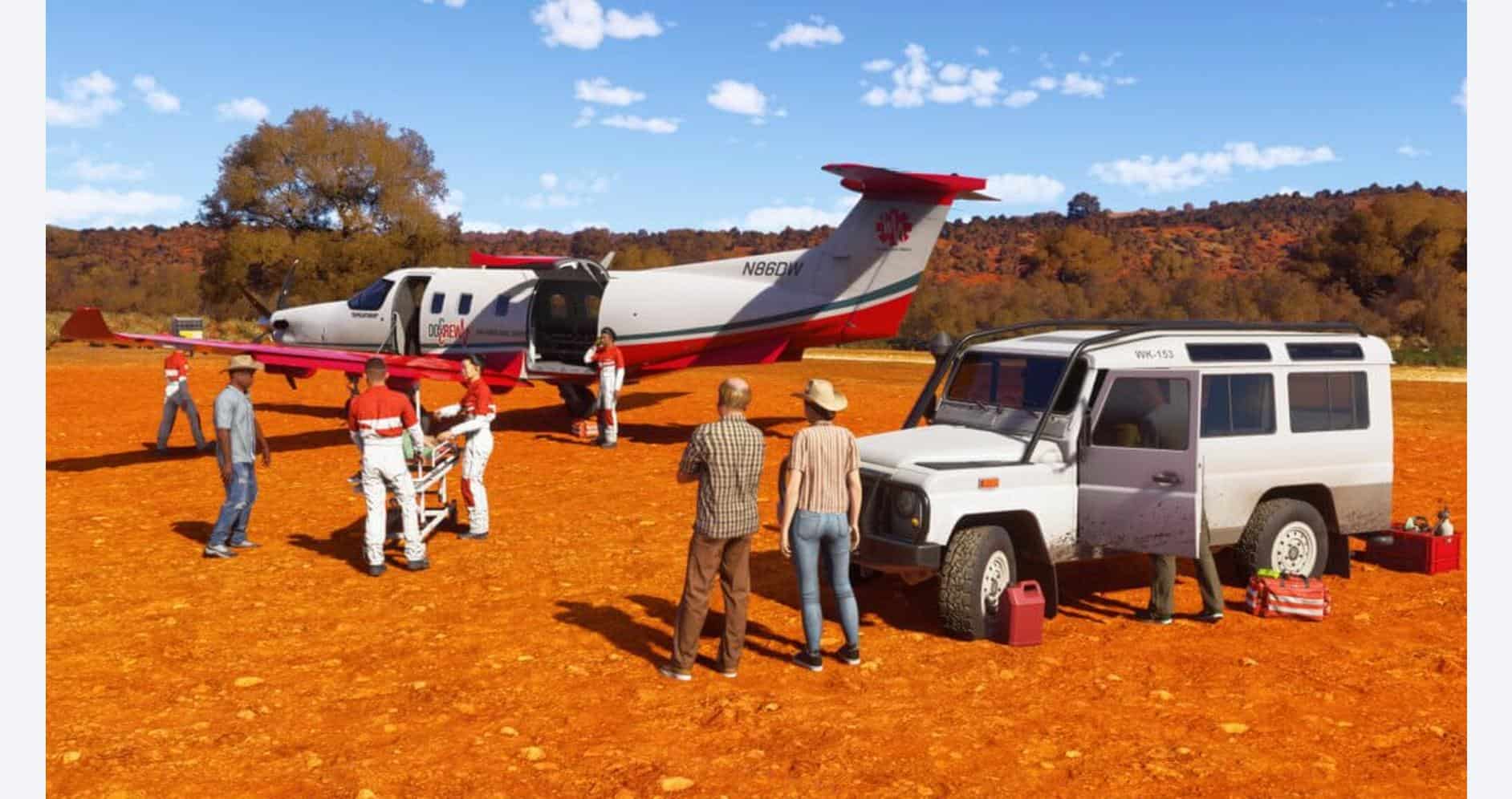 Private jet and ground crew preparing for flight in a scenic outdoor setting.