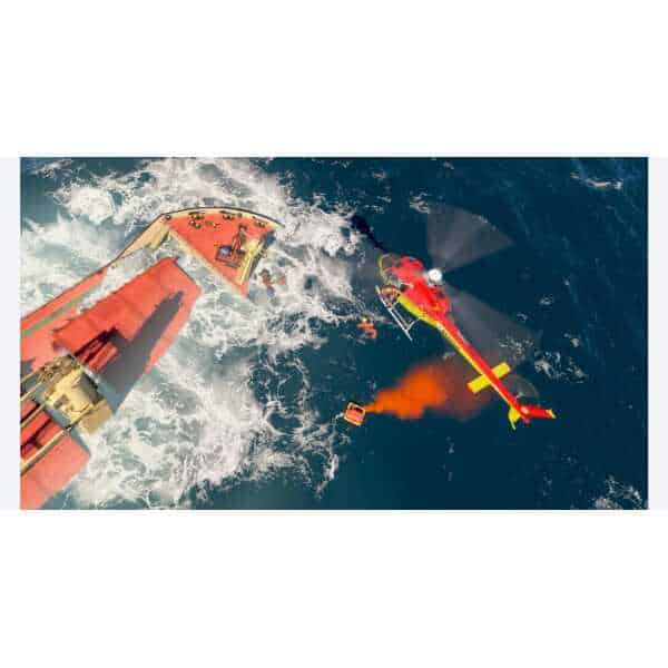 Marine rescue helicopter flying over ocean with ship in simulation.
