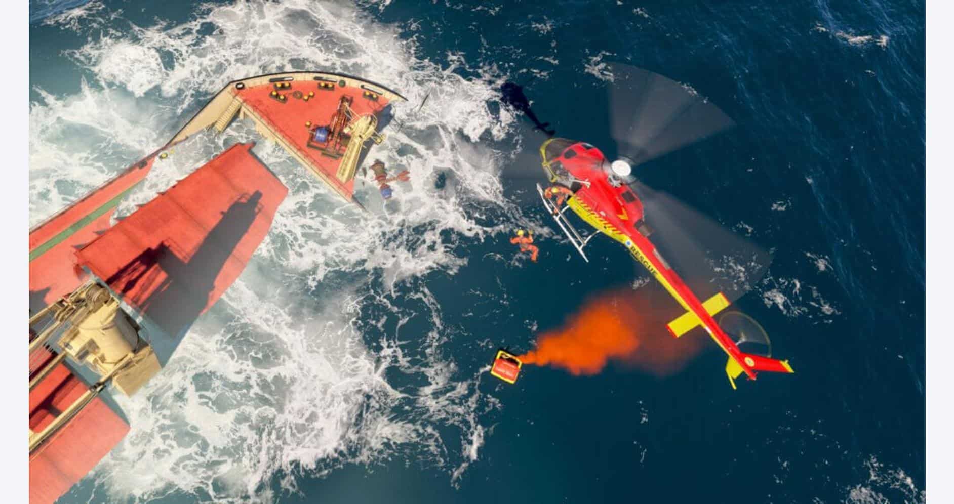 Marine rescue helicopter flying over ocean with ship in simulation.