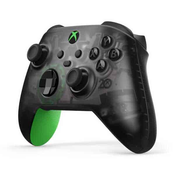 Xbox Series X 20th Anniversary Special Edition wireless controller with transparent design.
