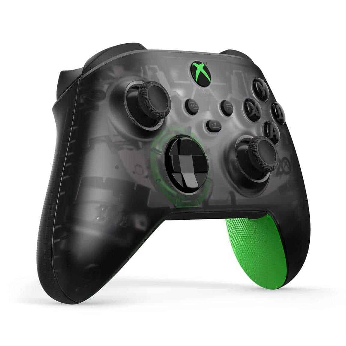 Xbox Series X wireless controller with transparent design and green accents.