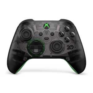 Xbox Series X wireless controller with transparent design and green accents.