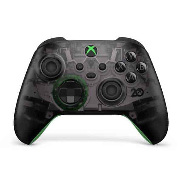 Xbox Series X wireless controller with transparent design and green accents.
