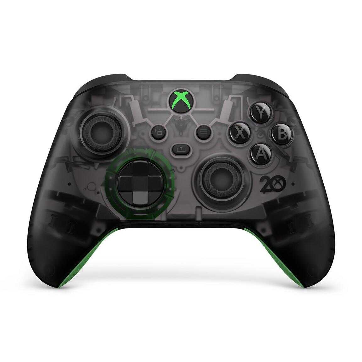 Xbox Series X wireless controller with transparent design and green accents.