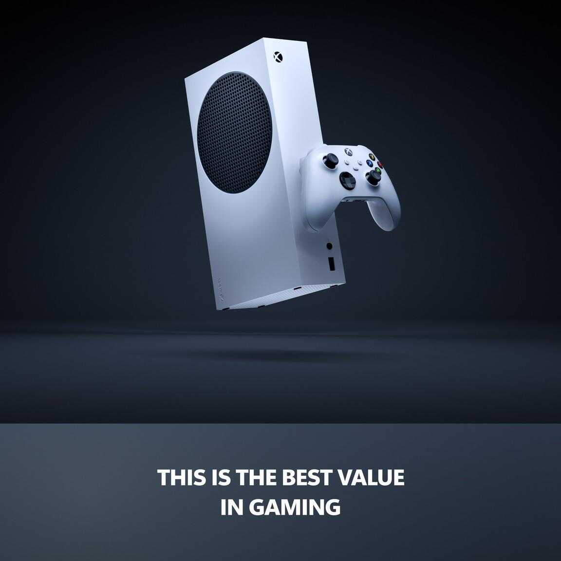 Xbox Series S 1TB All-Digital Console Robot White with controller on dark background.
