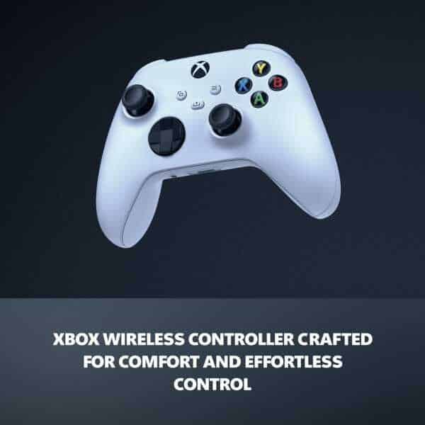 Xbox wireless controller in white with colorful buttons on a dark background.