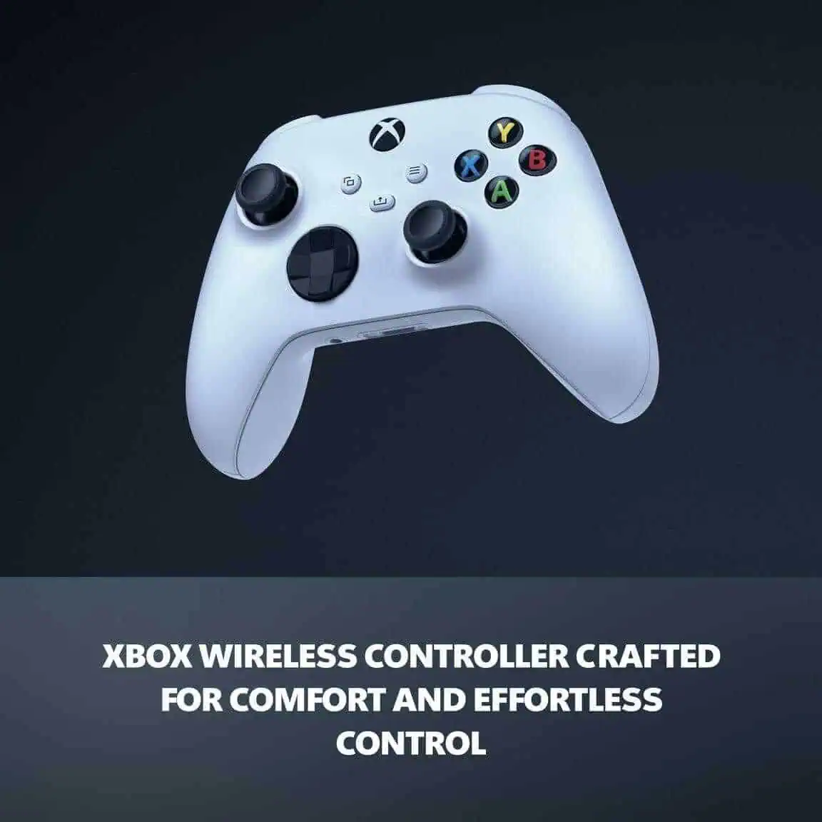 Xbox wireless controller in white with colorful buttons on a dark background.