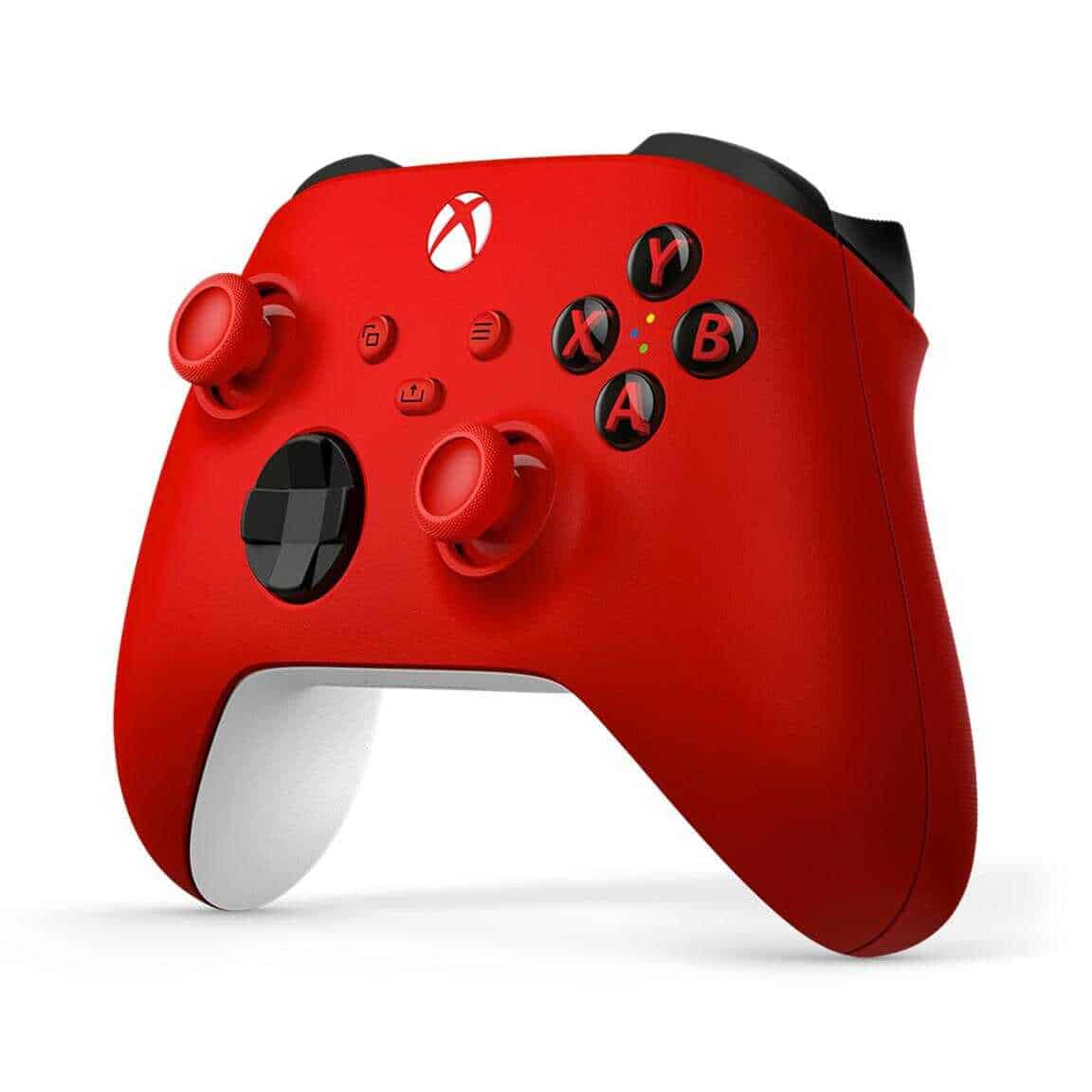 Red Xbox Series X wireless controller with Pulse Red design and black buttons.
