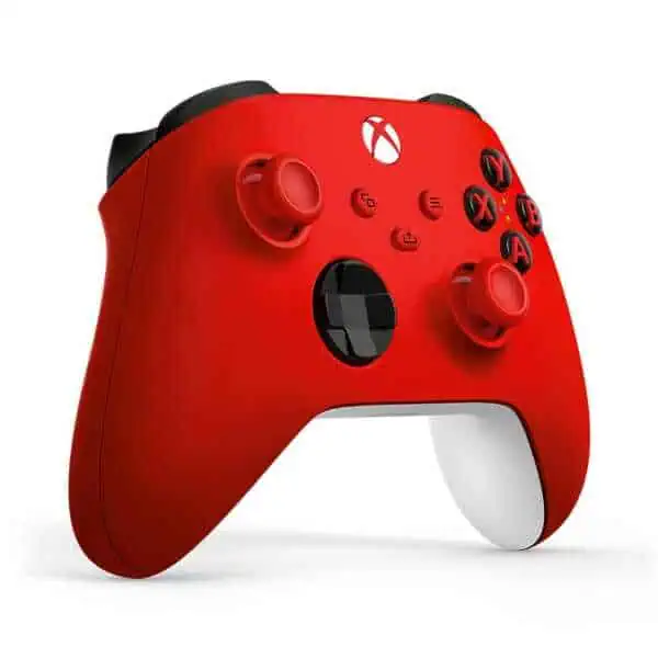 Red Xbox Series X wireless controller with pulse red accents and ergonomic design.