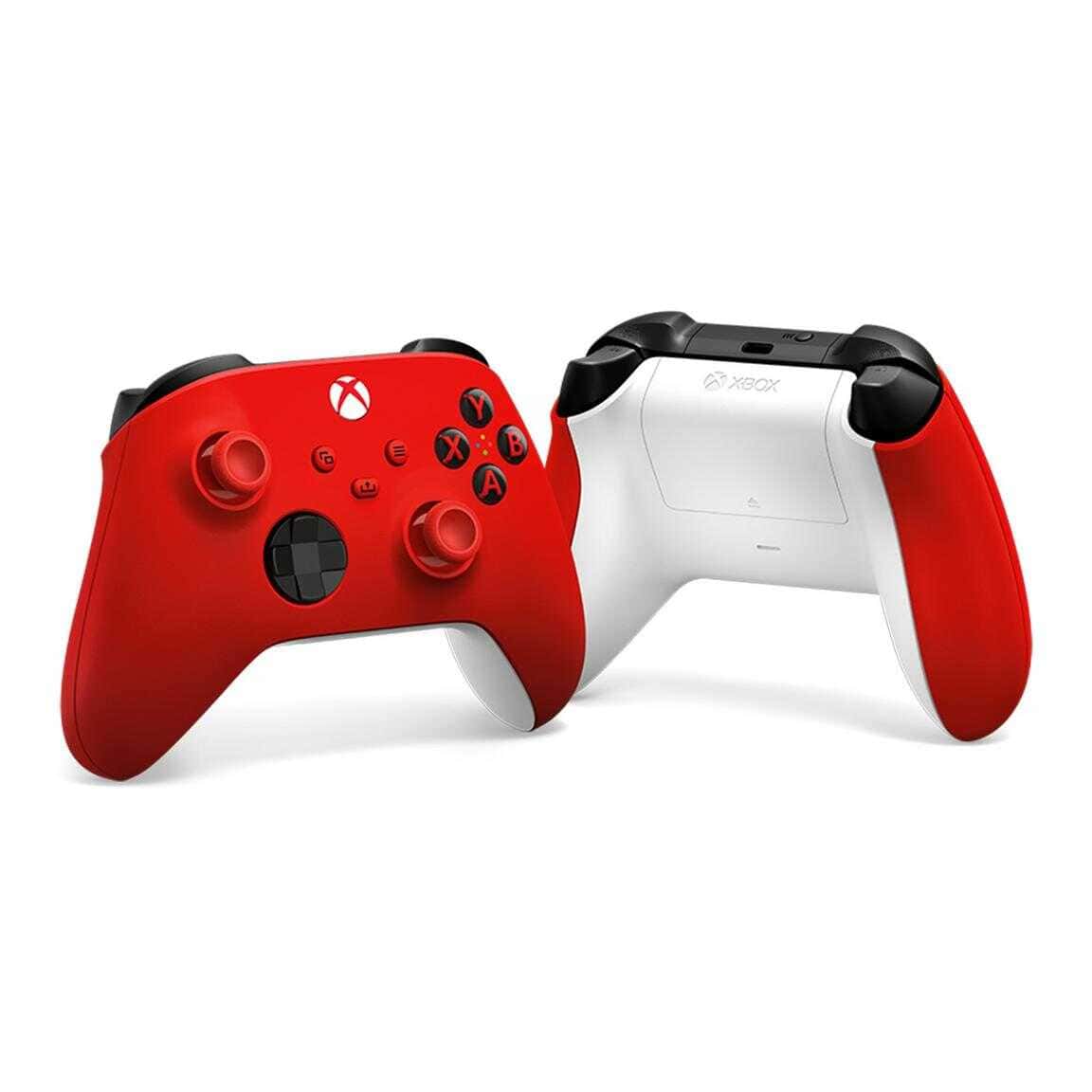 Red and white Xbox Series X wireless controllers for gaming.