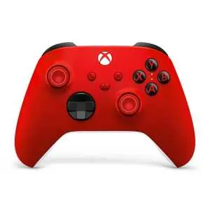 Red Xbox Series X wireless controller with black buttons and thumbsticks.