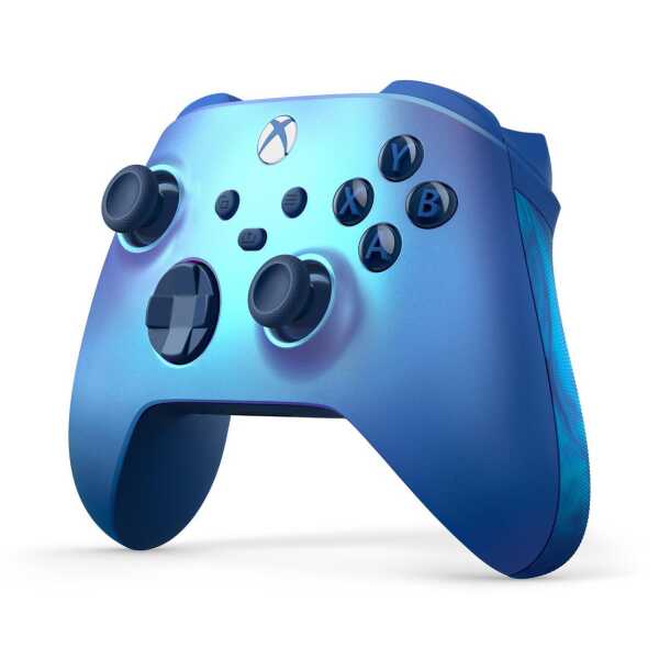 Xbox Series X wireless controller in Aqua Shift color with ergonomic design.