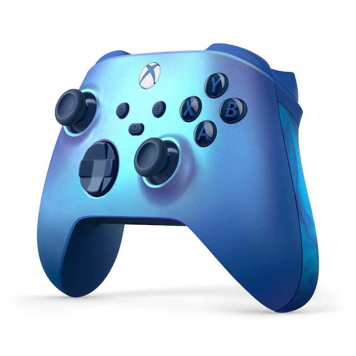 Xbox Series X wireless controller in Aqua Shift color with ergonomic design.