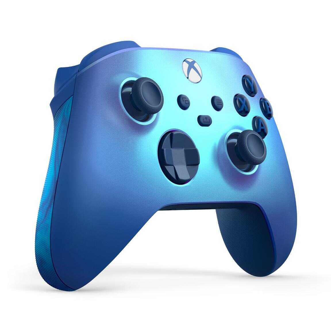 Xbox Series X wireless controller in Aqua Shift color with textured grips.