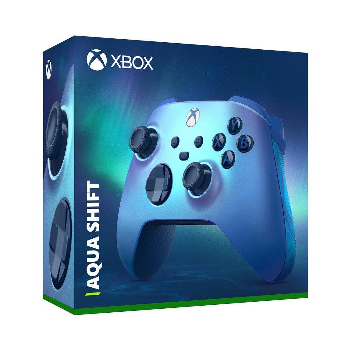 Xbox Series X Aqua Shift wireless controller in blue color with packaging.