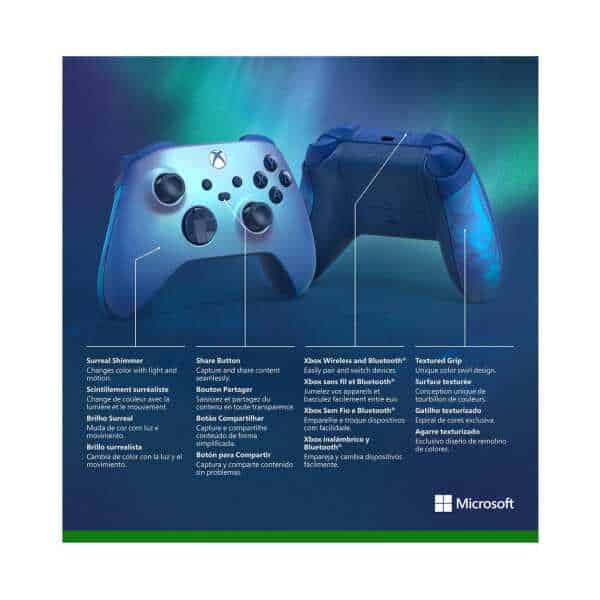 Xbox Series X wireless controller in Aqua Shift color with illuminated buttons and textured grip.