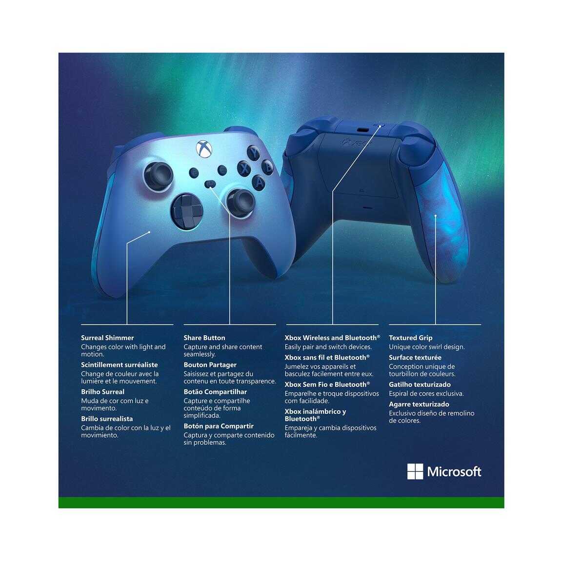 Xbox Series X wireless controller in Aqua Shift color with illuminated buttons and textured grip.