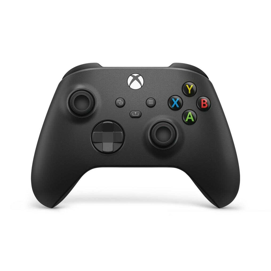 Black Xbox Series X wireless controller with colorful buttons.