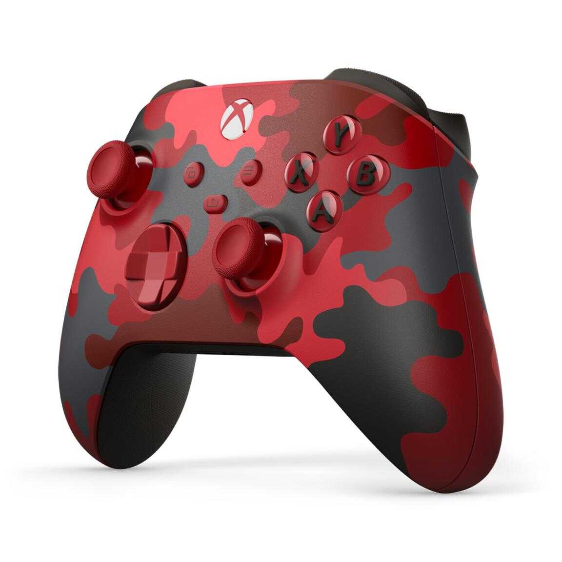 Xbox Series X wireless controller with Daystrike Camo design in red and black.