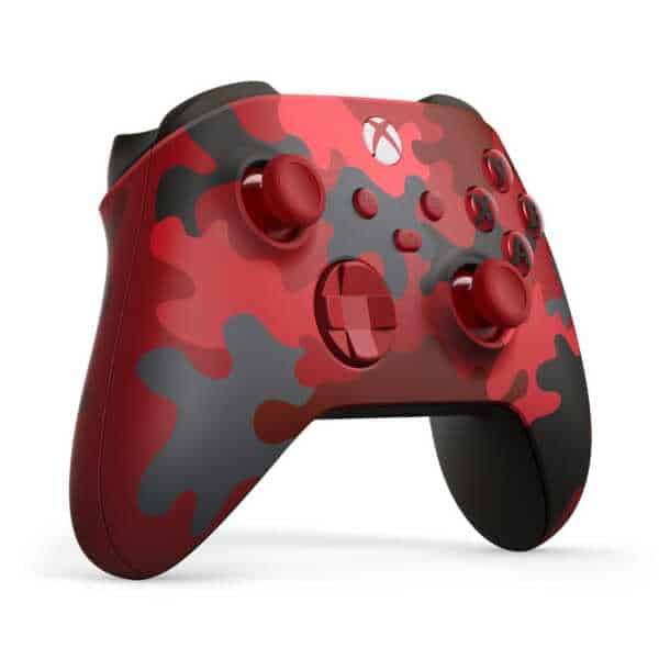Xbox Series X wireless controller with red camouflage design for gaming.