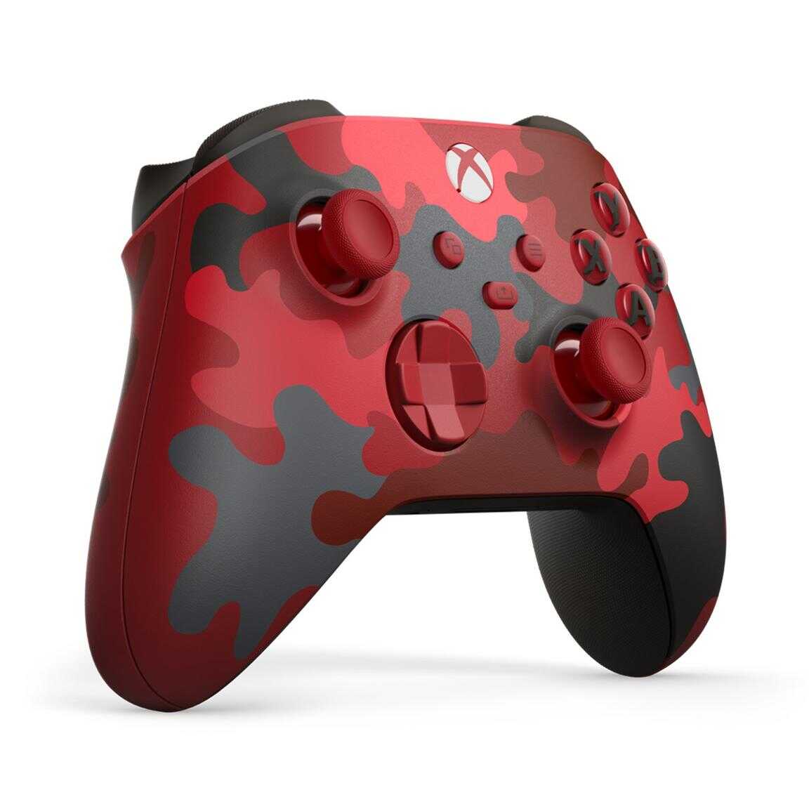 Xbox Series X wireless controller with red camouflage design for gaming.