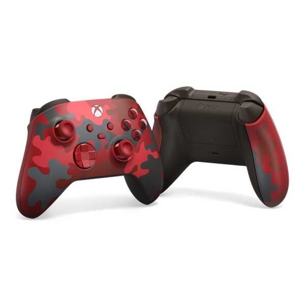 Xbox Series X wireless controller with red and black camouflage design.