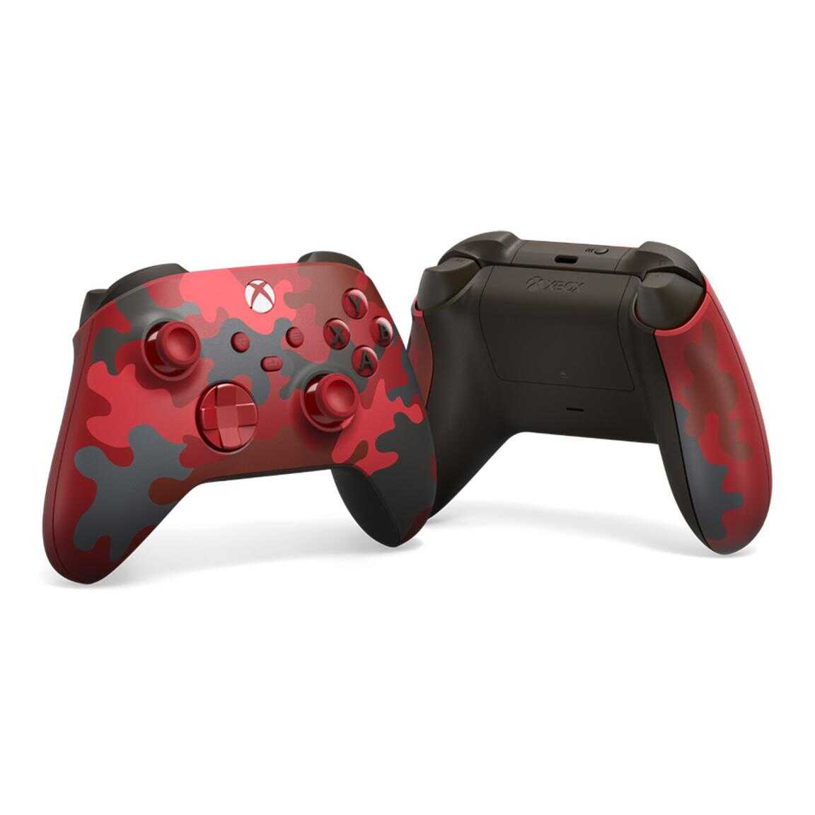 Xbox Series X wireless controller with red and black camouflage design.