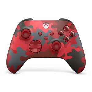 Xbox Series X wireless controller with red and black camouflage design.