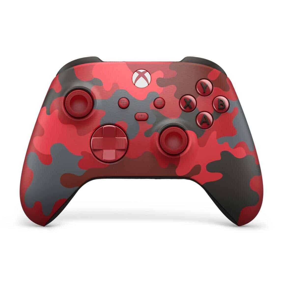 Xbox Series X wireless controller with red and black camouflage design.