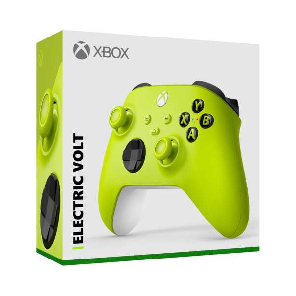 Xbox Series X Wireless Controller in Electric Volt color with packaging.