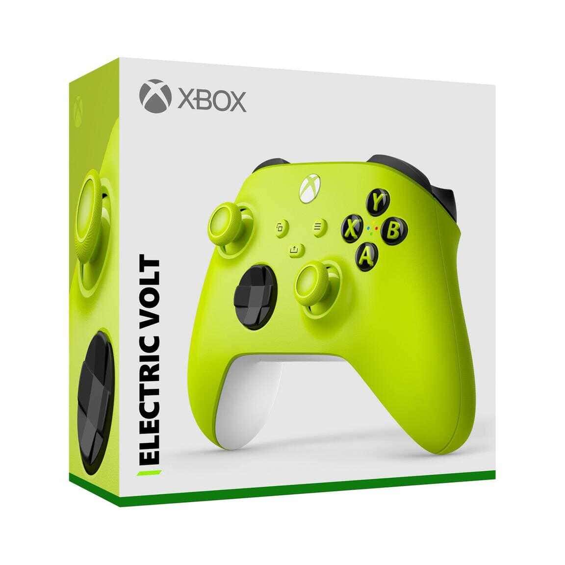 Xbox Series X Wireless Controller in Electric Volt color with packaging.