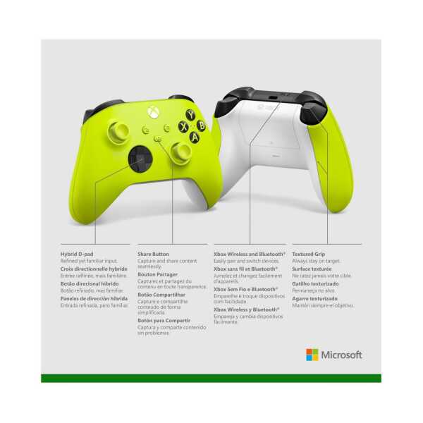 Xbox Series X Wireless Controller in Electric Volt color with hybrid D-pad and textured grip.