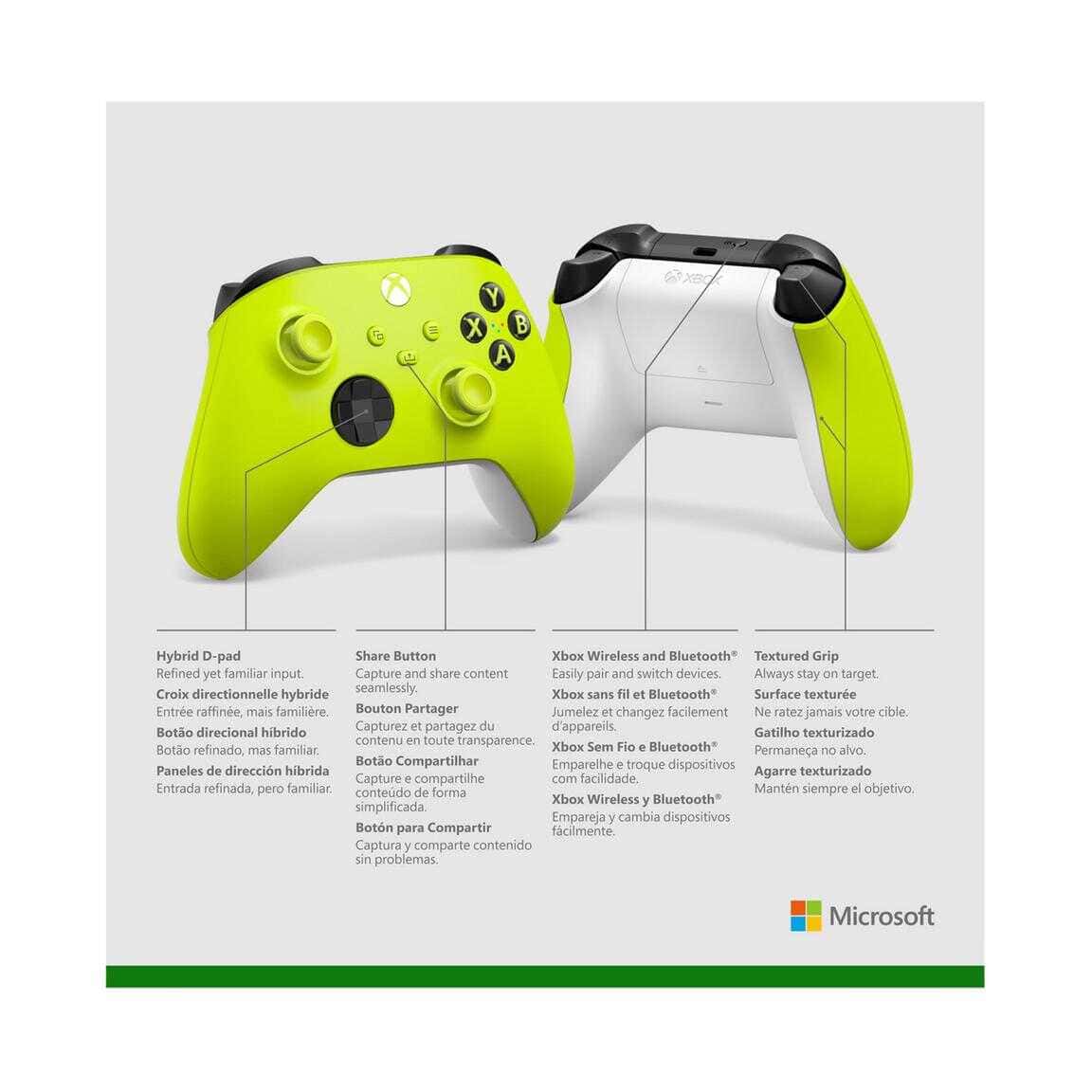 Xbox Series X Wireless Controller in Electric Volt color with hybrid D-pad and textured grip.