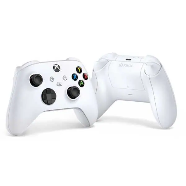 White Xbox Series X wireless controller with black thumbsticks and colorful buttons.