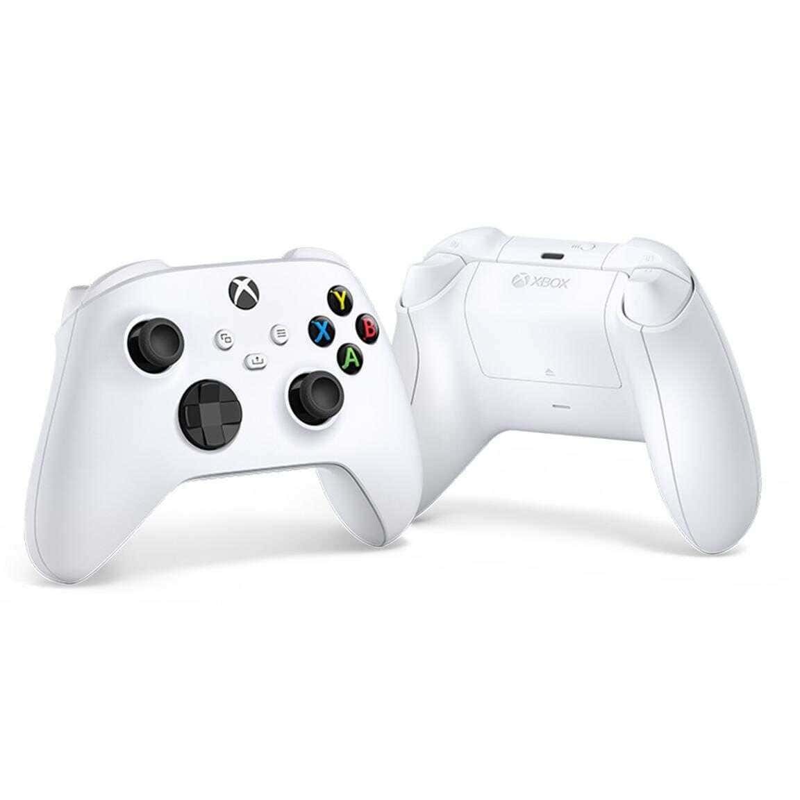 White Xbox Series X wireless controller with black thumbsticks and colorful buttons.