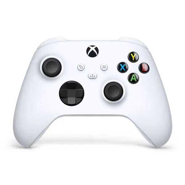 White Xbox Series X wireless controller with colorful buttons for gaming.