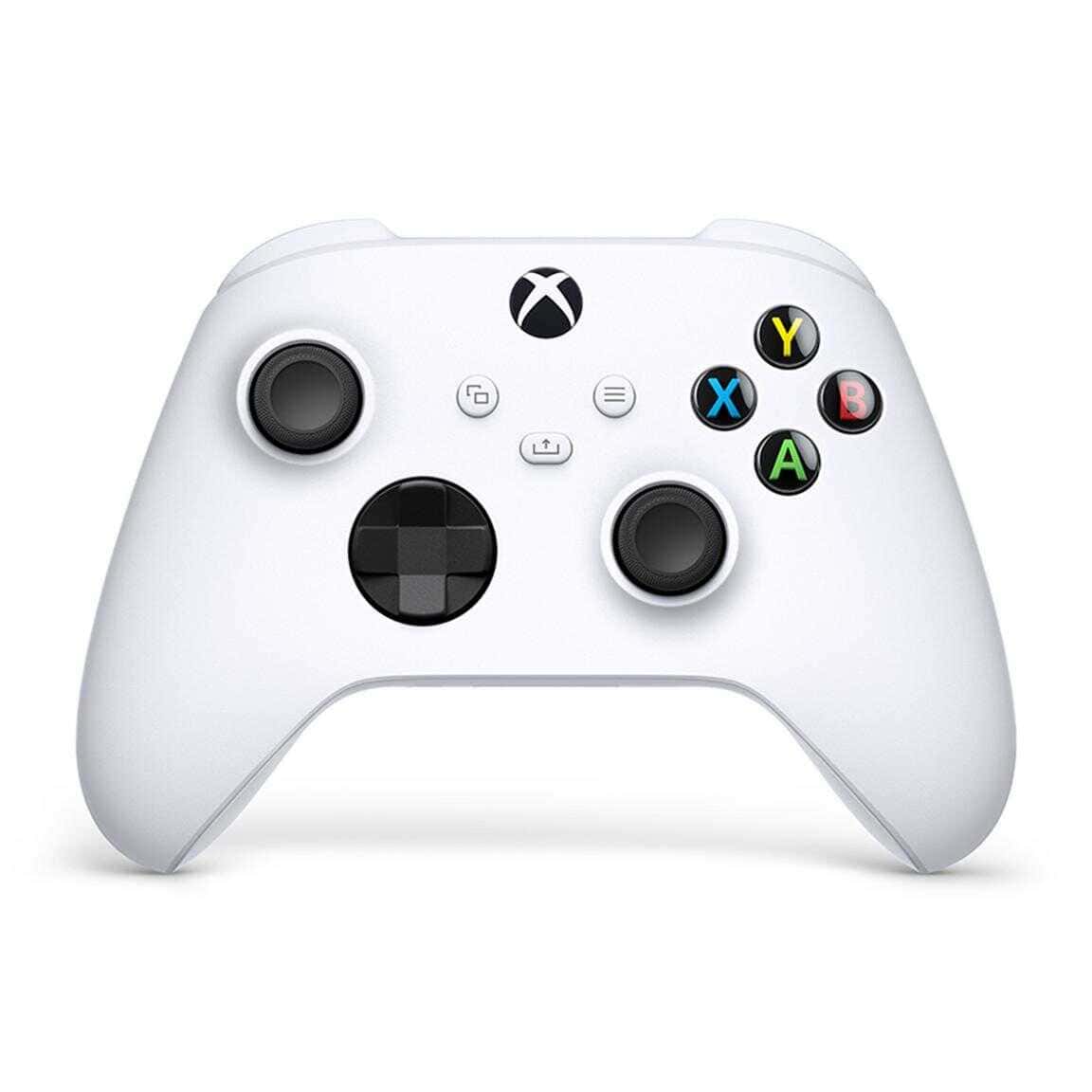 White Xbox Series X wireless controller with colorful buttons for gaming.
