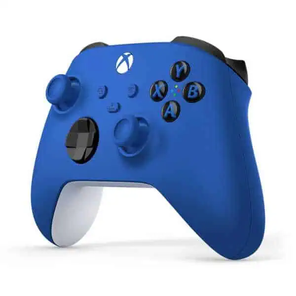 Blue Xbox Series X Wireless Controller with Shock Blue design and textured grips.