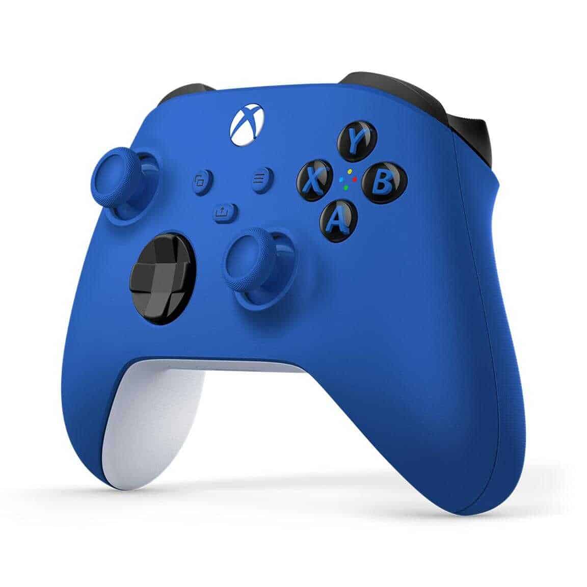 Blue Xbox Series X Wireless Controller with Shock Blue design and textured grips.